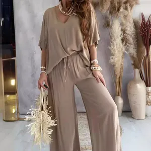 Conjunto casual de dos piezas para mujer con top de manga murciélago y pantalón ancho