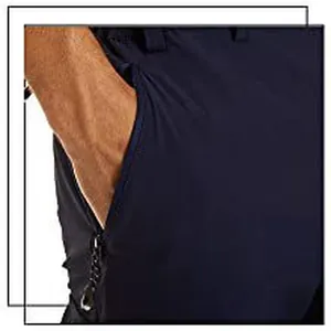 Close-up detail of zipper pocket on dark navy men's breathable beach shorts