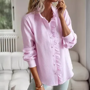 Elegant women's pink striped long sleeve shirt featuring a ruffle stand collar and seersucker