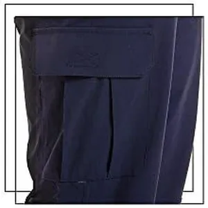 Detailed macro view of the side cargo pocket on navy blue summer beach shorts