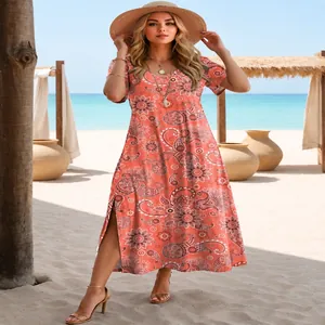 Vestido largo floral rojo con manga corta y abertura lateral para playa verano