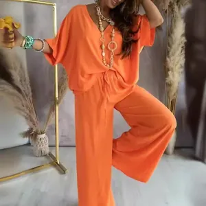 Conjunto casual de dos piezas para mujer con cuello en V, manga murciélago y pantalón ancho
