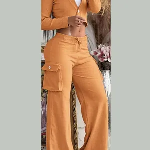 Conjunto Casual de Poliéster para Mujer con Cárdigan de Manga Larga y Pantalones Cargo de Pierna Ancha Top And Bottom Estilo Viajero