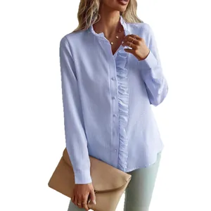 Elegant light blue seersucker striped shirt with ruffled stand collar and long sleeves