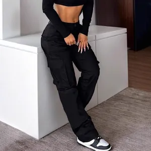 Trendy black high-waisted multi-pocket women's cargo pants for street fashion style.