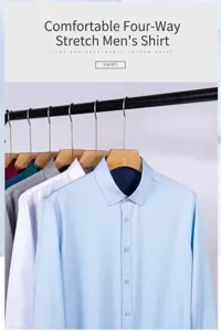 Men's business shirts in multiple colors hanging on a clothing rack