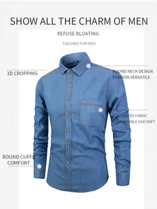 Gros plan détaillé d'une chemise en denim de coton bleu clair à manches longues pour hommes.
