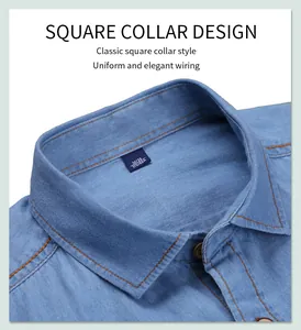 Détail d'une chemise en jean bleue pour homme avec un col carré classique et élégant.