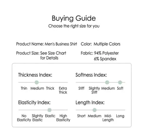 Detail of product guide for men's business shirt showing fabric and fit specs
