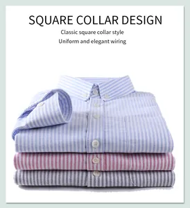 Close-up detail of classic square collar design on a stack of striped Oxford shirts