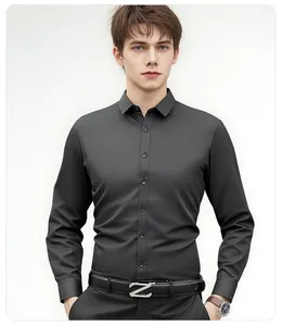 Chemise de bureau pour hommes gris foncé à manches longues coupe ajustée sans repassage