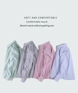 Detailed view of four colorful striped cotton Oxford long-sleeve shirts in slim fit style.