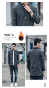 Detailed views of a men's pinstripe shirt with warm fleece lining in dark grey