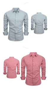 Detailed view showing front and back of men's casual four-way stretch plaid shirts in grey and red