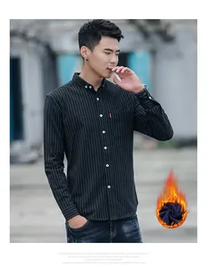 Men's classic black striped long-sleeve casual shirt featuring warm fleece lining detail