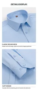 Close-up detail of light blue men's business shirt collar and buttoned cuffs