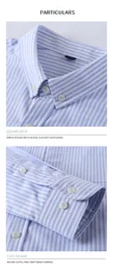 Close-up of the collar and cuffs on a men's light blue and white striped oxford shirt