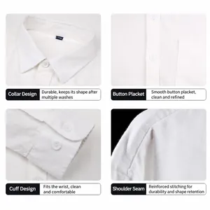 Details einer weißen Flanell-Herrenhemd-Kollektion mit Kragen und Manschetten.