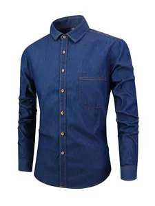 Chemise en Denim 100% Coton Décontractée Style Japonais pour Hommes Manches Longues Coupe Slim Avec Surpiqûres Contrastées Haut