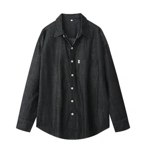 Camicia di jeans nera a maniche lunghe da uomo con dettaglio tasca in stile giapponese