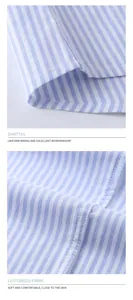 Macro detail of blue striped Oxford fabric and clean shirttail stitching