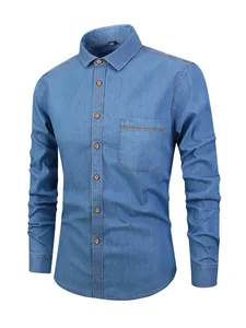 Chemise en jean décontractée à manches longues pour hommes en pur coton bleu clair de qualité.
