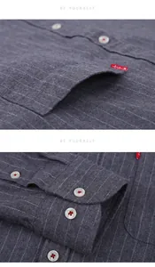 Close-up of grey striped warm shirt showing pocket detail and buttoned cuff textures.