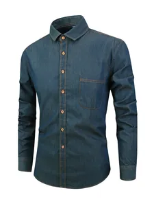 Chemise en jean classique à manches longues pour hommes en coton bleu foncé avec coutures