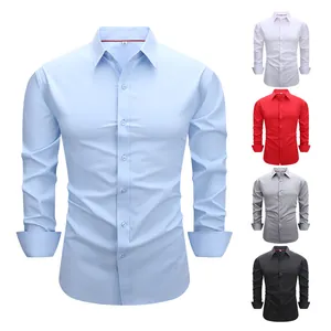 Camisa de hombre de corte entallado elástica de manga larga varios colores