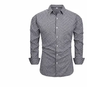 Men's Vintage Plaid Gingham Check Shirt Four-Way Stretch Slim Fit Long Sleeve Casual Button Down Lapel Top Business Wear
