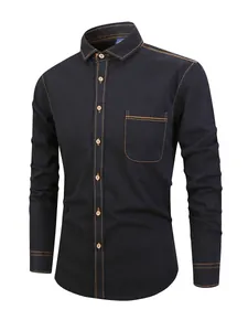 Chemise en jean décontractée à manches longues pour hommes avec surpiqûres orange