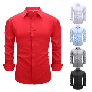 Camisa de hombre de manga larga entallada lisa elástica en colores rojo, blanco y azul