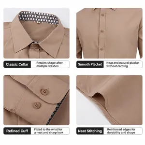 Men's khaki long-sleeve non-iron business shirt detail collage showing collar and cuffs.