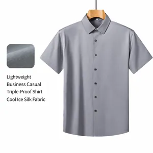 Camicia da Uomo Business a Manica Corta Traspirante Senza Cuciture Poliestere Spandex Slim Fit Tinta Unita Casual