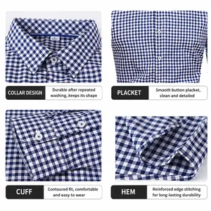 Detailed views of men's blue plaid stretch shirt showing collar, cuffs, and stitching