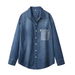 Classica camicia di jeans a maniche lunghe da uomo in puro cotone con tasca stile giapponese