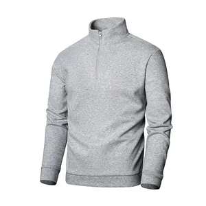 Classic men's casual grey half-zip sweatshirt featuring a stand collar and long sleeves