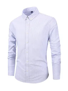 Men's Cotton Oxford Striped Shirt Slim Fit Long Sleeve Button Down Business Casual Top Breathable Vertical Stripe Men Shirt