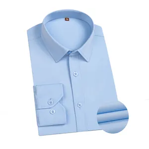Professional light blue long-sleeved men's business dress shirt with fabric texture detail