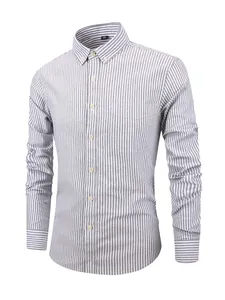Men's slim fit long sleeve vertical striped Oxford cotton shirt in grey and white colors