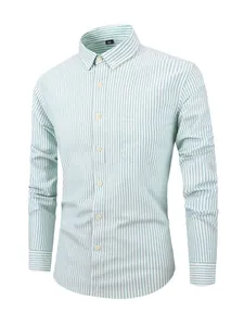 Men's long-sleeve slim fit striped cotton Oxford shirt in green and white