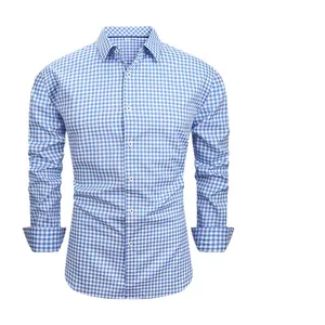 Men's blue and white gingham long sleeve casual shirt with premium elastic fabric