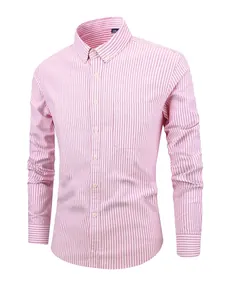 Men's slim-fit pink and white vertical striped long-sleeved Oxford cotton shirt