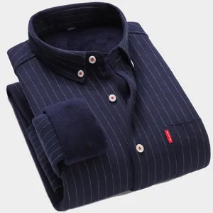 Navy blue striped men's shirt with thick fleece lining for winter warmth