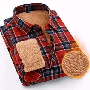 Men's red and black plaid cotton shirt with thick warm fleece lining for winter