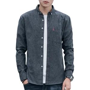 Men's casual long sleeve grey striped button-down shirt with chest pocket