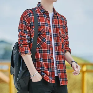 Classic men's red and black plaid cotton shirt with warm fleece lining and chest pockets