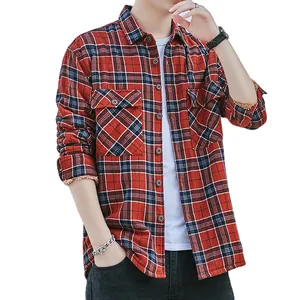 Men's red plaid flannel shirt with warm sherpa lining for autumn and winter