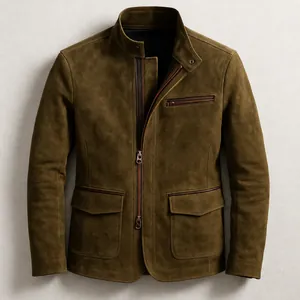 Detailed front view of men's vintage brown suede jacket featuring a stand collar and multi-zipper design