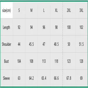 Detailed size chart for men's wool coat in cm including length, bust and sleeve